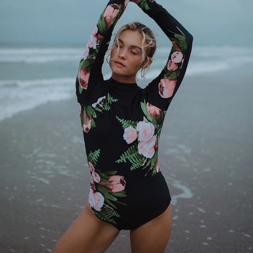 Albion Black Long-Sleeve Floral One-Piece Swimsuit